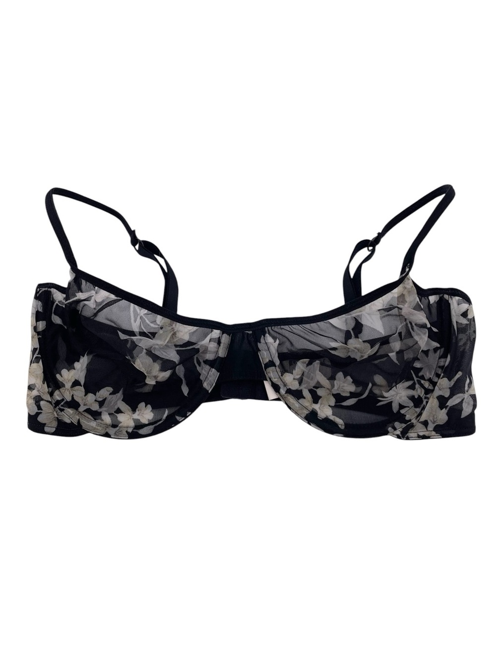 Vintage 90s Cacique Sheer Black Mesh Floral Underwire Balconette Bra Size 36C